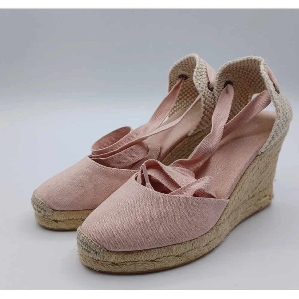 Soludos The Marseille Lace Up Wedge Espadrille PINK Ribbon Women's 5.5 Jute Heel